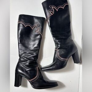 Alfredo Bannister Cowgirl Boots Western Black pink size 8.5 knee high leather